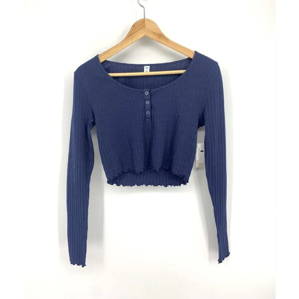 BP Navy Long Sleeve Ribbed Henley Crop Top NEW WITH TAGS